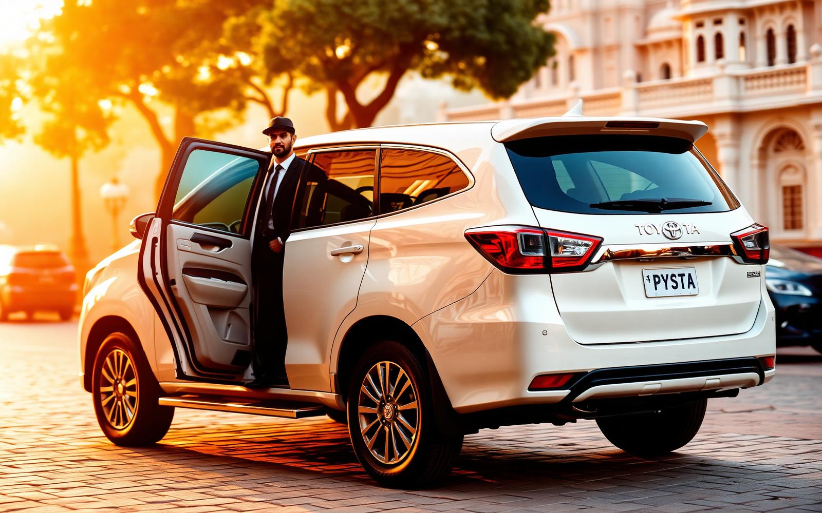 Innova Crysta car rental in Udaipur with a uniformed chauffeur holding the rear door open outside a heritage palace