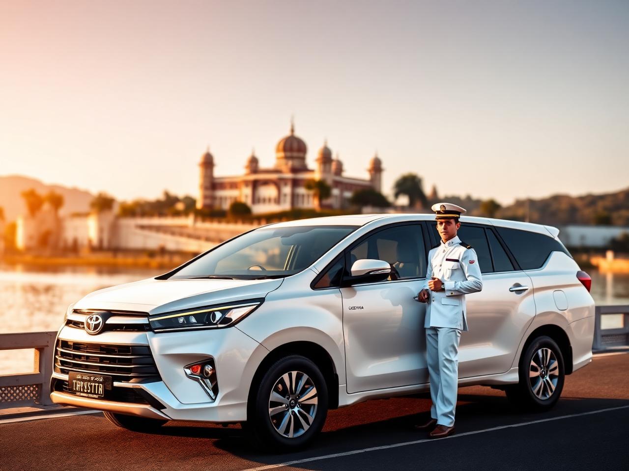 White Toyota Innova Crysta with a uniformed chauffeur beside Lake Pichola at golden hour, Udaipur