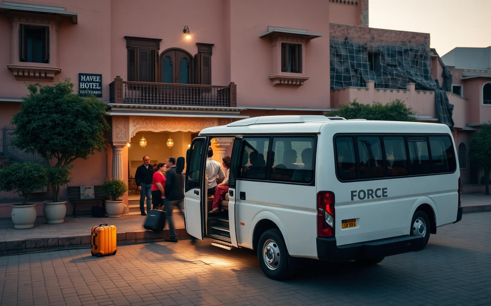 12-seater Force Urbania tempo traveller hire in Udaipur loading luggage outside a Rajasthani haveli hotel