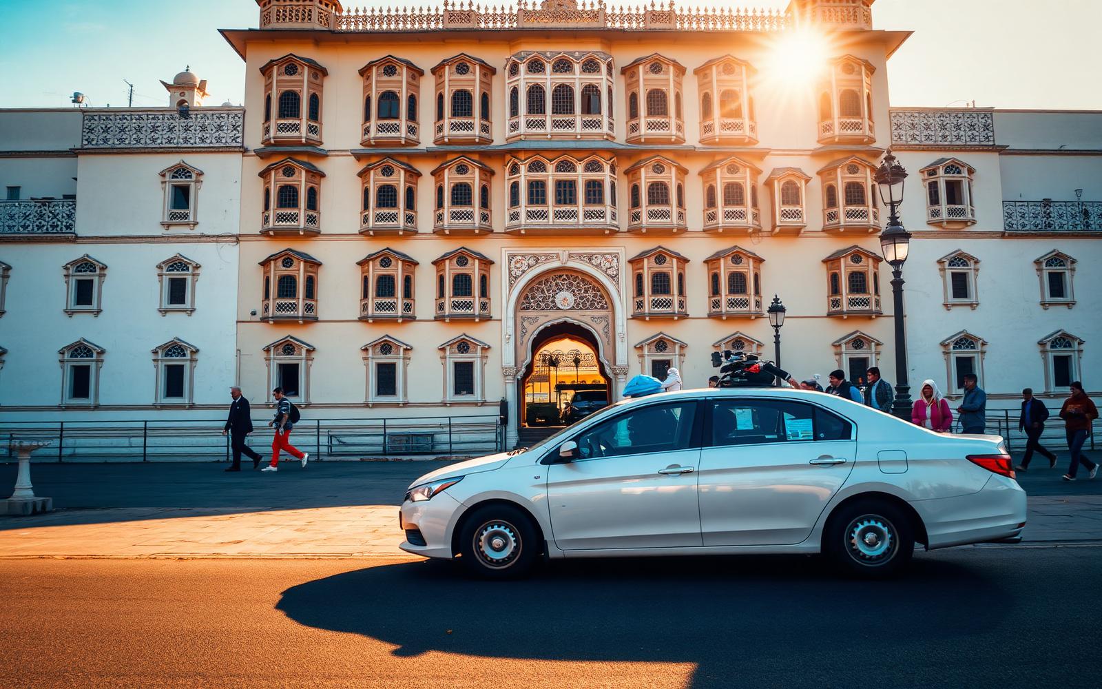 Udaipur sightseeing taxi waiting outside Udaipur City Palace on a full-day city tour